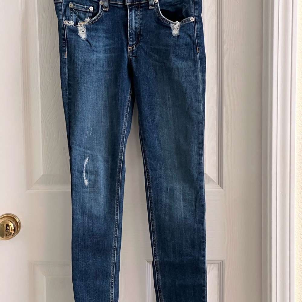 Rag & Bone Blue Skinny Jeans with Distressing and Tapered Leg